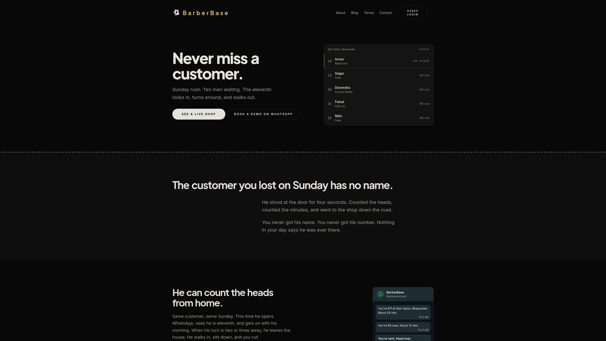 The BarberBase home page, showing a live queue of five customers with their estimated wait